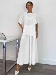 SHEIN Essnce 2024 Spring Summer New Arrival Chiffon 2 In 1 Long Dress For Women - White - View 4