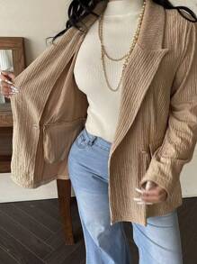 SHEIN Clasi Blazer de rayas con textura a la moda, con cuello de solapa, manga larga y bolsillo, talla grande - Albaricoque - Ver 8
