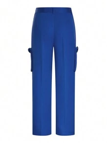 TaskEZ Women's Solid Color Notched Collar Long Sleeve Button Front Pocket Simplistic Blouse And Pants Workwear Set - Blue - View 3