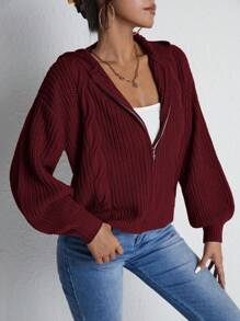 EURMUSE Xoắn Dan Thả vai Dây kéo áo có mũ Áo len Mở - Màu Đỏ Sâu - Xem 5