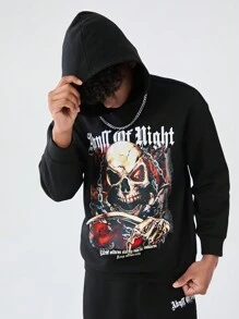 SHEIN Teen Boys Casual Skull Printed Hoodie Sweatshirt And Solid Color Sweatpants 2pcs Outfit, Suitable For Autumn And Winter - Black - View 3