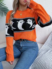 Autumn/Winter Ghost Patchwork Knit Long Sleeve Sweater - Orange - View 5
