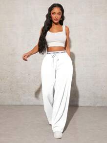 SHEIN SXY Quần nỉ thể thao rút dây đơn giản hàng ngày màu trơn dành cho nữ - trắng - Xem 6