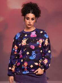 SHEIN X Care Bears 大码时尚休闲南瓜和女巫印花黑色运动衫，适合万圣节、情侣装 - 黑色 - 查看 6