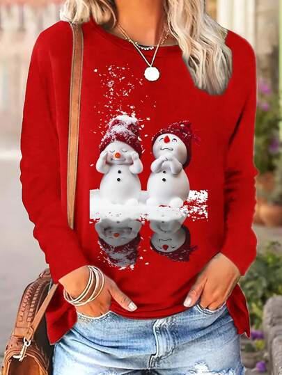 INAWLY Women's Casual Snowman Print Crew Neck Long Sleeve T-Shirt, Christmas Theme For New Year Clothes Graphic Tees Women Tops For Spring Outfit