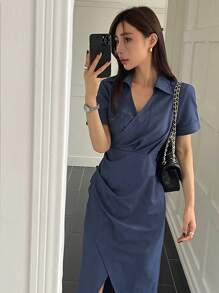 DAZY Vestido de mujer de cuello solido con escote en V y pliegues, vestido camisero casual diario - Azul Marino - Ver 4