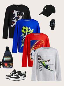 SHEIN Leap Crew 4入組兒童青少年男童運動足球印花圓領寬鬆針織長袖T恤，每款1件。適用於春季、夏季、秋季和冬季的日常、旅遊、休閒、通勤和校園穿著。 - 彩色 - 查看 1