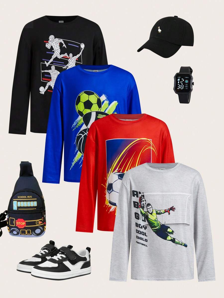 SHEIN Leap Crew 4入組兒童青少年男童運動足球印花圓領寬鬆針織長袖T恤，每款1件。適用於春季、夏季、秋季和冬季的日常、旅遊、休閒、通勤和校園穿著。 - 彩色 - 查看 1
