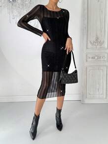 SHEIN Essnce Women's Essnce Black Elegant Dress Lace Patchwork Long Sleeve Midi Dress Two Piece Set - Black - View 4
