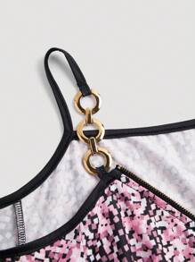 SHEIN LUNE Đầm mini thời trang in họa tiết thời trang cho nữ có dây đeo vai tròn khóa kéo - màu đen - Xem 5