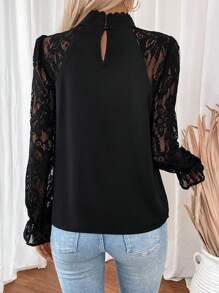 SHEIN Clasi Blusa negra elegante de manga larga con contraste de encaje para mujer, primavera y verano - Negro - Ver 2