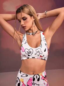 Designer Cartoon Printed Cross Back Straps Tank Top, Holiday, Going Out, Festival
