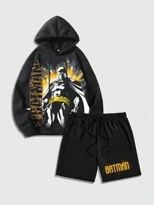 ROMWE MEN Batman X ROMWE 男士休闲动漫英雄人物与字母印花落肩抽绳连帽衫和短裤运动服套装 - 黑色 - 查看 3