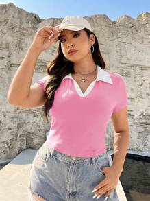 SHEIN EZwear 大码 V 领撞色镶边大码女式针织上衣 - 粉色 - 查看 5