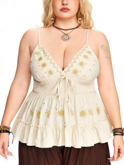 Fairycore Débardeur ample vintage à volants avec broderie, grande taille