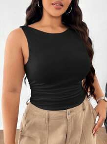 SHEIN EZwear 大码圆领无袖褶皱纯色简约运动休闲户外时尚背心 - 黑色 - 查看 7