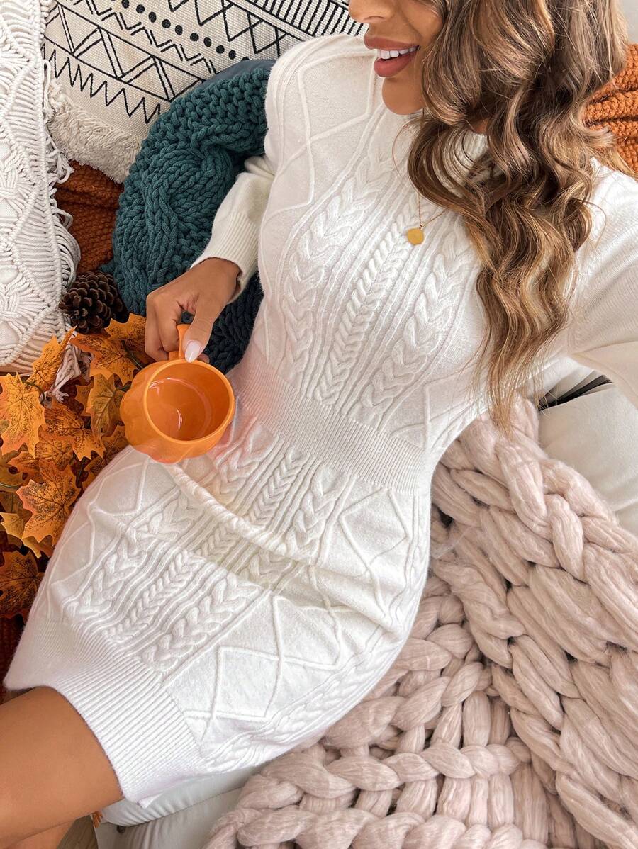 Váy len bó sát dệt kim Jacquard màu trơn, ôm vừa vặn và ấm áp, thiết kế mới cho mùa thu/đông dành cho nữ - trắng - Xem 1