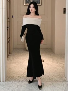 DAZY Women's Colorblock Off-Shoulder Elegant Long Sleeve Sweater Dress Off Shoulder,Fall Clothes - Black - View 7