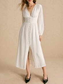 Poéselle 女式白色长袖超长连衣裙 V 领前纽扣收腰下摆开叉度假超长连衣裙、轻盈连衣裙、乡村风格连衣裙、布里奇顿风格连衣裙、优雅连衣裙、仙女服装连衣裙、白色飘逸连衣裙、中长女式连衣裙、长款秋季连衣裙、法式 - 白色 - 查看 5