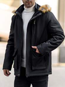 Manfinity Homme Men Hooded Fuzzy Zip-Up Long Sleeve Casual Street Wear Coat, Winter Clothes - Black - View 3