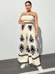 SHEIN Essnce 大码女士休闲度假宽松时尚舒适杏色印花抹胸和长裤两件套，海滩女装，两件套，两件套裤子，曲线加大码 - 杏色 - 查看 3