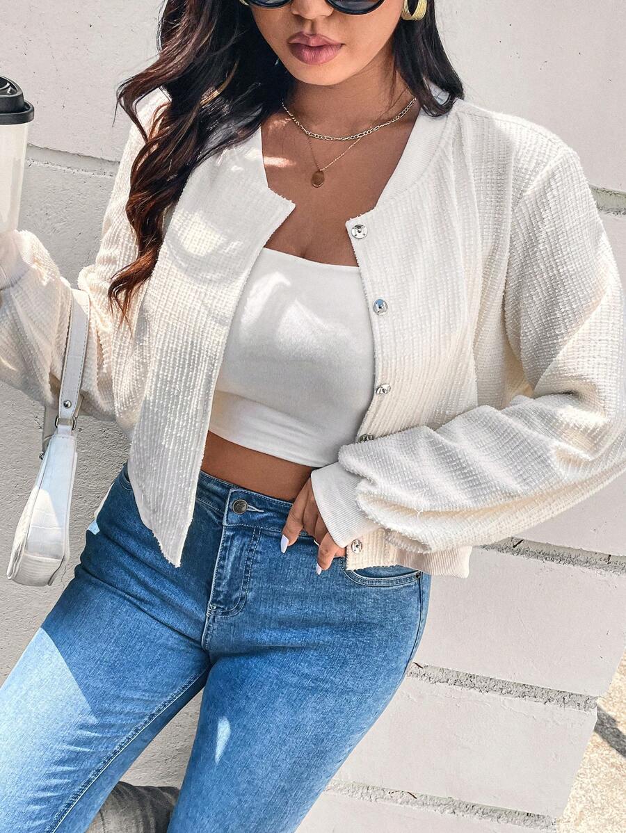 SHEIN Frenchy 大码女式休闲纯色短款夹克，适合春秋季节 - 杏色 - 查看 1