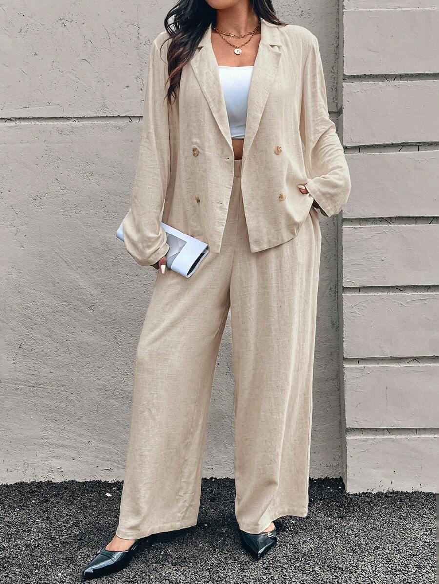SHEIN Frenchy Minimalist Apricot Colored Linen Plus Size Suit Set, Including Blazer Jacket And Pants, Suitable For Office & Commute - Apricot - View 1