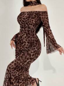 Modelyn 豹纹印花网眼长袖露肩休闲度假连衣裙长款女士装长款晚礼服 - 棕色 - 查看 6