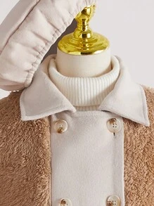 SHEIN Tween Girls Colorblock Double Breasted Long Fluffy Casual Jacket, Winter