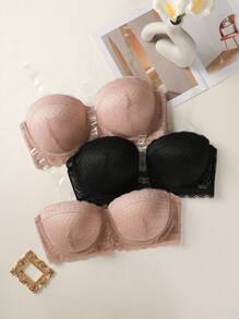 Set de 3 piezas de sujetador con alambres y encaje talla grande, lencería - Multicolor - Ver 8