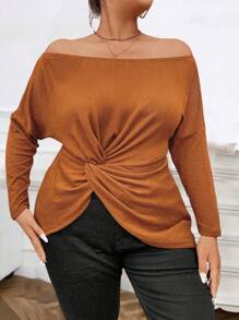 Calvaya Plus Size Off Shoulder Twist Knot Casual Plain T-Shirt For Spring & Autumn - Coffee Brown - View 5