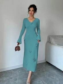 Selianne 女式纯色 V 领长袖优雅 3D 花卉毛衣连衣裙，秋冬 - 藍色 - 查看 4