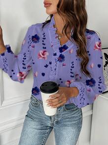 SHEIN LUNE Women's Long Sleeve Full Floral Print Frill Trim Casual Chic Blouse - Purple - View 6