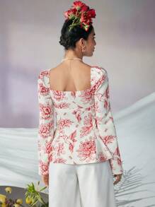 KATHARSIS Frida Kahlo X SHEIN X Designer 商务休闲波西米亚风方领花卉印花系带上衣，节日、感恩节、度假、春夏、外出、节日、办公室 - 紅白色 - 查看 2