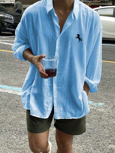 Manfinity Dauomo Herrskjorta med långärmad, dekorativ broderi och baggy-motiv, plusstorlek, för hösten