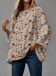 SHEIN LUNE 女士休闲花卉印花宽松圆领 3/4 落肩 T 恤，适合秋冬季 - 彩色 - 查看 3