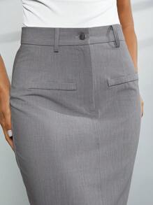 Hauture 女士商务休闲纯色前开衩拉链半身裙 - 灰色 - 查看 8