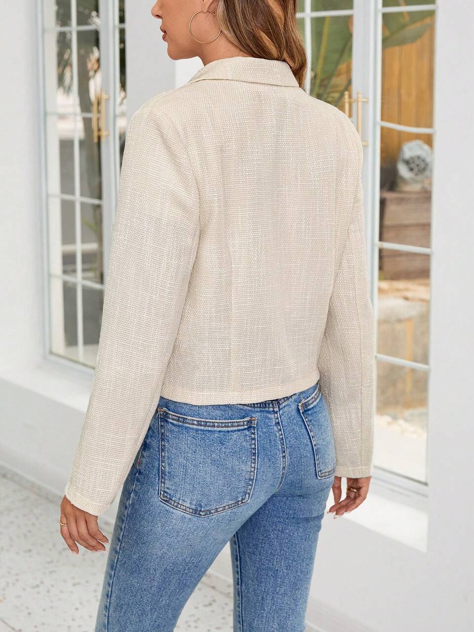 Women's Solid Color Turn-Down Collar Long Sleeve Double-Breasted Elegant Knitted Coat, Autumn/Winter