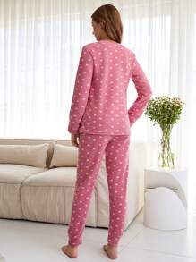 EURMUSE Cartoon & Slogan Embroidery Flannel PJ Set - Pink - View 2