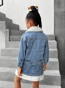 SHEIN Conjunto de jaqueta e saia da moda com forro térmico e lapela jeans para meninas