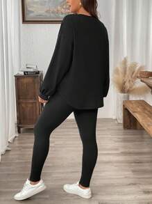 SHEIN LUNE Bộ 2 áo thun tay dài cổ tròn màu trơn cỡ lớn và quần bó dài đến mắt cá chân cho mùa đông - màu đen - Xem 4