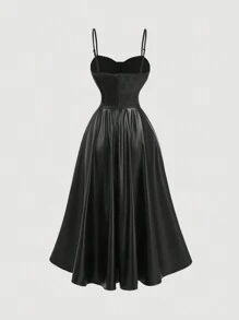 SHEIN MOD 女士复古黑色 PU 皮革可调节连衣裙、不对称连衣裙、衣服、黑色连衣裙、秋季女士连衣裙、深色学院风、皮革女士连衣裙 - 黑色 - 查看 3