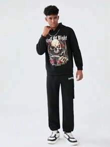 SHEIN Teen Boys Casual Skull Printed Hoodie Sweatshirt And Solid Color Sweatpants 2pcs Outfit, Suitable For Autumn And Winter - Black - View 6