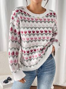 Chiquease Women Floral Pattern Crew Neck Long Sleeve Sweater, Knit Pullover Fall Winter - Multicolor - View 7