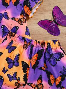 SHEIN 2pcs Girls Butterfly Pattern Loose Casual Short Sleeve Shorts Knit Comfortable Sleepwear Set, Summer