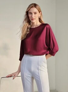 MOTF PREMIUM SOLID KEYHOLE BACK BATWING SLEEVE BLOUSE - Burgundy - View 3