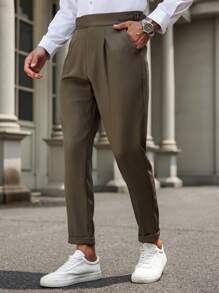 Manfinity Mode Men's Solid Color Pocket Minimalist Suit Pants, Casual Daily Wear - Khaki - View 5