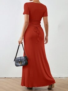 SHEIN Clasi Vestido elegante de unicolor, de manga larga, ajustado y con cuello cuadrado para mujer