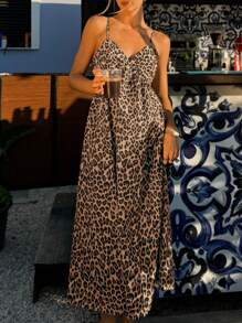 SHEIN EZwear Leopard Print Woven Spaghetti Strap Women's Vacation Dress - Brown - View 4