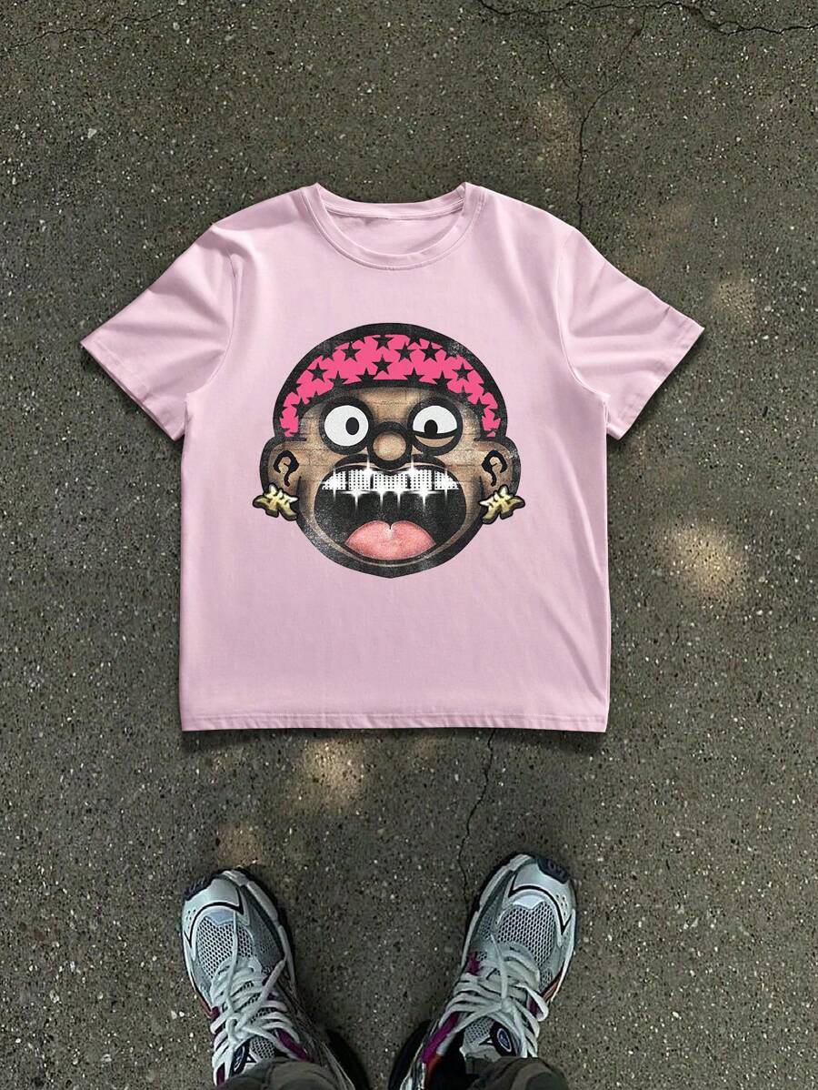 Manfinity EMRG 男士圆领短袖卡通人物印花趣味休闲街头风格 T 恤 - 粉色 - 查看 1